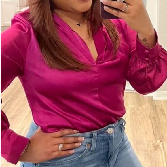 Luxe Satin V neck Long Sleeve Minimalist Blouse - Picture 2 of 11